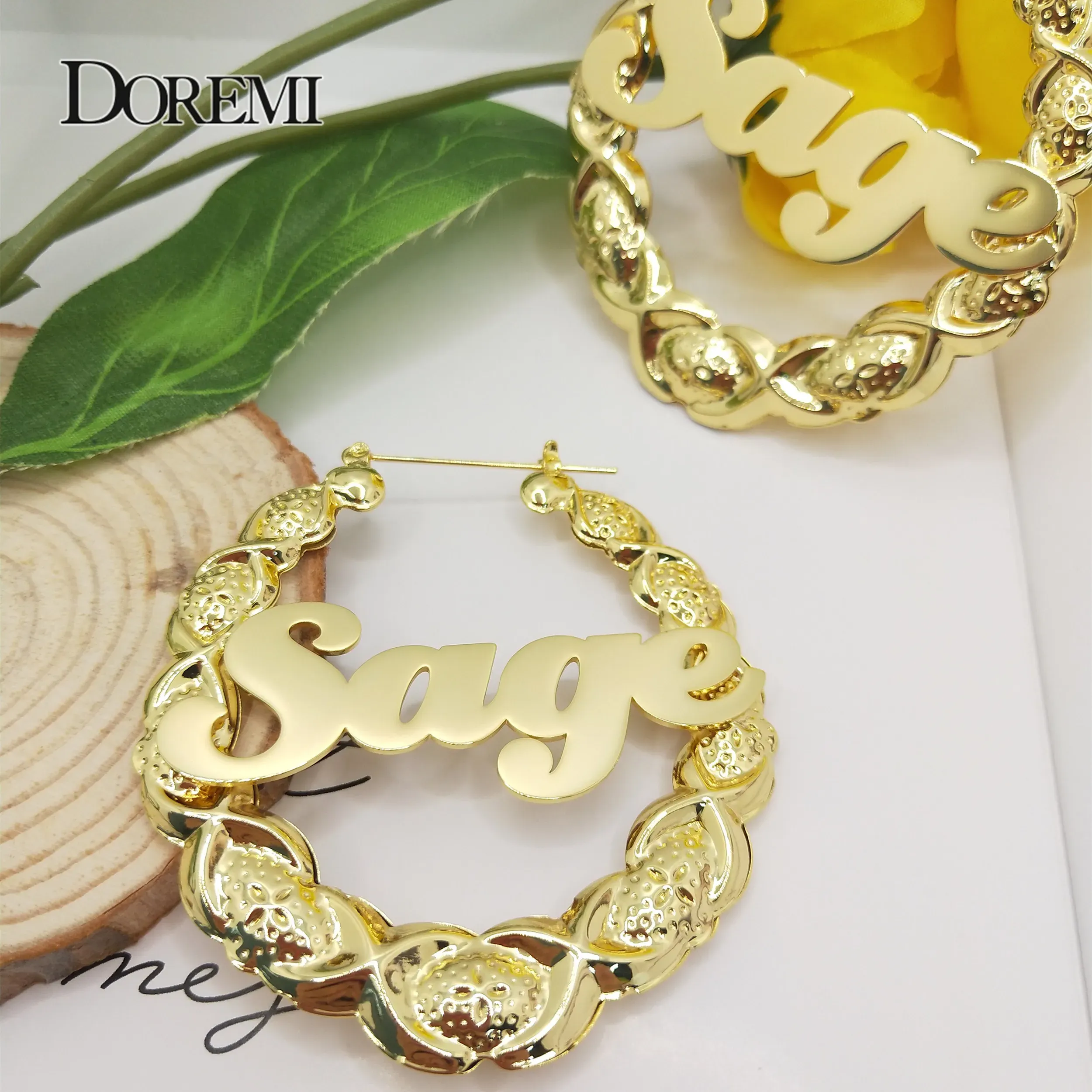 Earrings DOREMI 65mm XOXO Custom Name Bamboo Hoop Earrings Stainless Steel Custom Symbol Earrings Custom Bamboo Earring for Women Gif