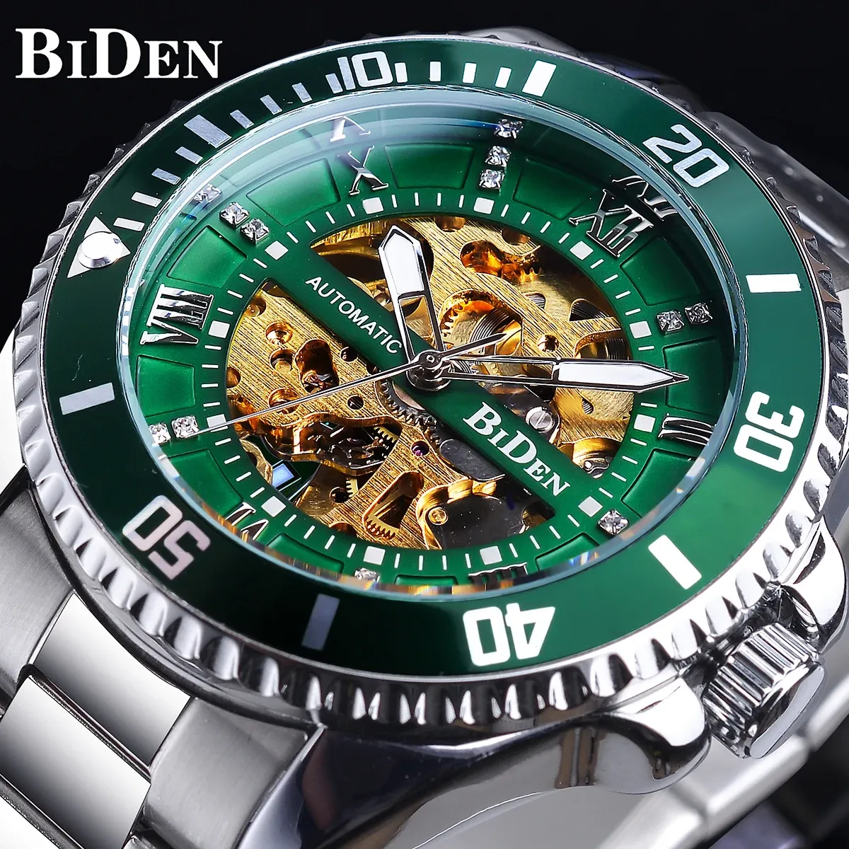 Kits Biden Green Skeleton Dial Diamond Design Automatisch horloge waterdichte roestvrij staal Luminous Hand Hand Men Business Mechanical Watch