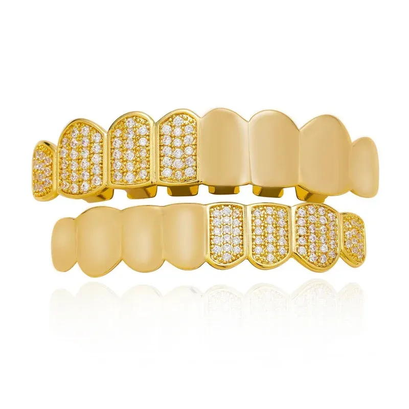 Gioielli hiphop bling specchio facciata zircone dente grillz per donne uomini per piercing griglie denti di gioielli vampiri natalizi 8/8 berretto set