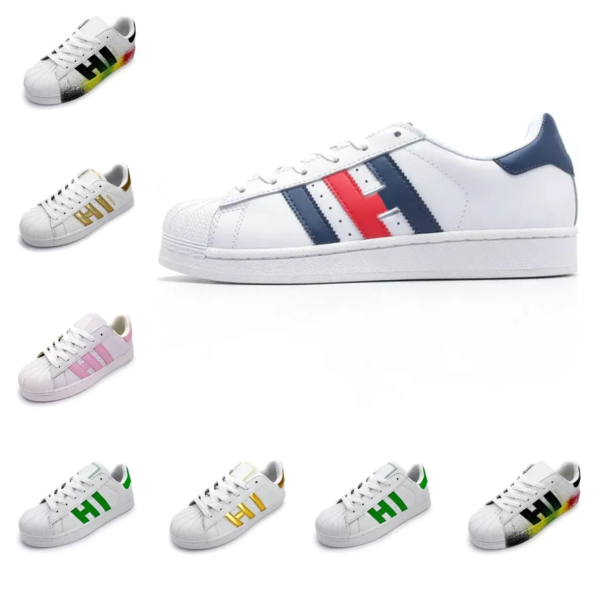 2024 Designerskor Shell Casual Shoes Män Kvinnor Sneakers Fashion Trend Stripe Flat Leather Shell-Toe Shoes Sports Running Shoes 36-45