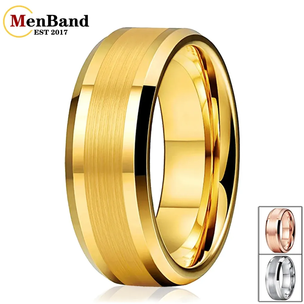 Zespoły Menband Gold Color 6 mm 8 mm z szczotkowanym wykończeniem i polerowane krawędź mężczyźni Womengsten Carbide Wedding Połącz Pierścień Pierścień komfortowy