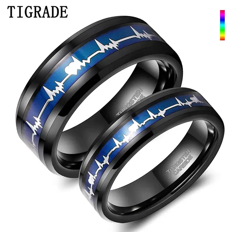 Bands Tigrade 6 mm 8 mm Ekg Band de mariage de rythmes cardiaques Black Tungsten Carbide Ring pour les hommes Femmes Changement de couleur Comfort Fit Taille 614