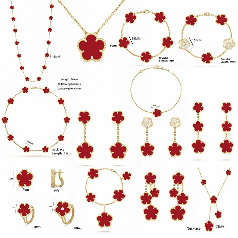 Strängar kvinnors lyxiga smycken högkvalitativa smycken fyra bladklöver halsband fyra bladklöver armband karnellsmycken