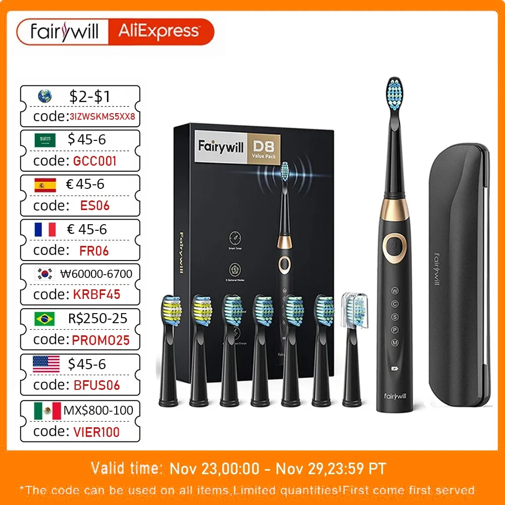 Heads Fairywill Electric Sonic Tooth Brush 5 lägen Ersättningshuvuden Vattentät laddningsbar kraftfull rengöring av mjuka huvuden tandborste