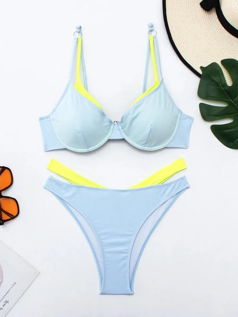 Menas de banho feminina 2024 Push up Block Color Duas peças Anel de biquíni Link Swimsuith Mulheres banhistas fêmeas banhando banho de natação roupas de praia