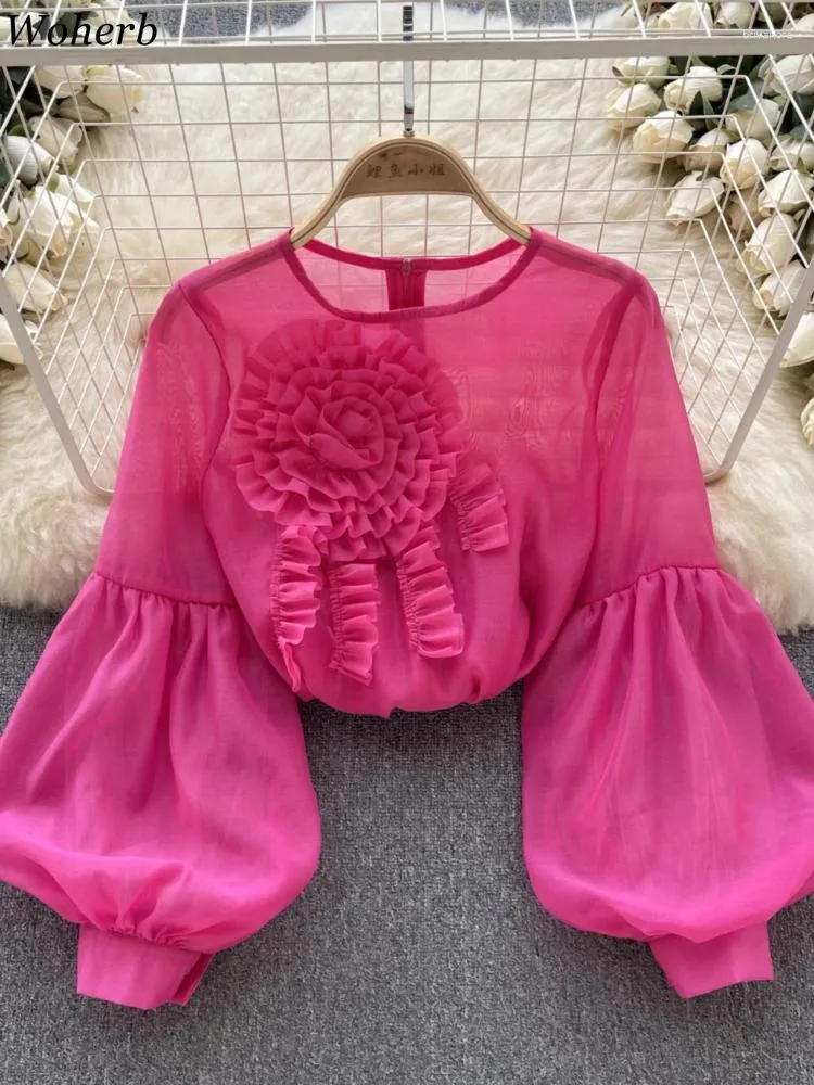 女性のブラウス2024 Blusas Mujer de Moda Sweet O Women Temperament Puff Sleeve Tops Fashion Chic 3D Floral Roose