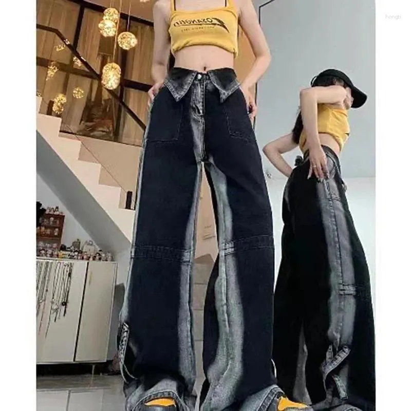 Jeans orlo da donna design grigio scuro sequestro estate in stile unisex unisex sciolto in vita alto dritta pantaloni di jeans casual donna