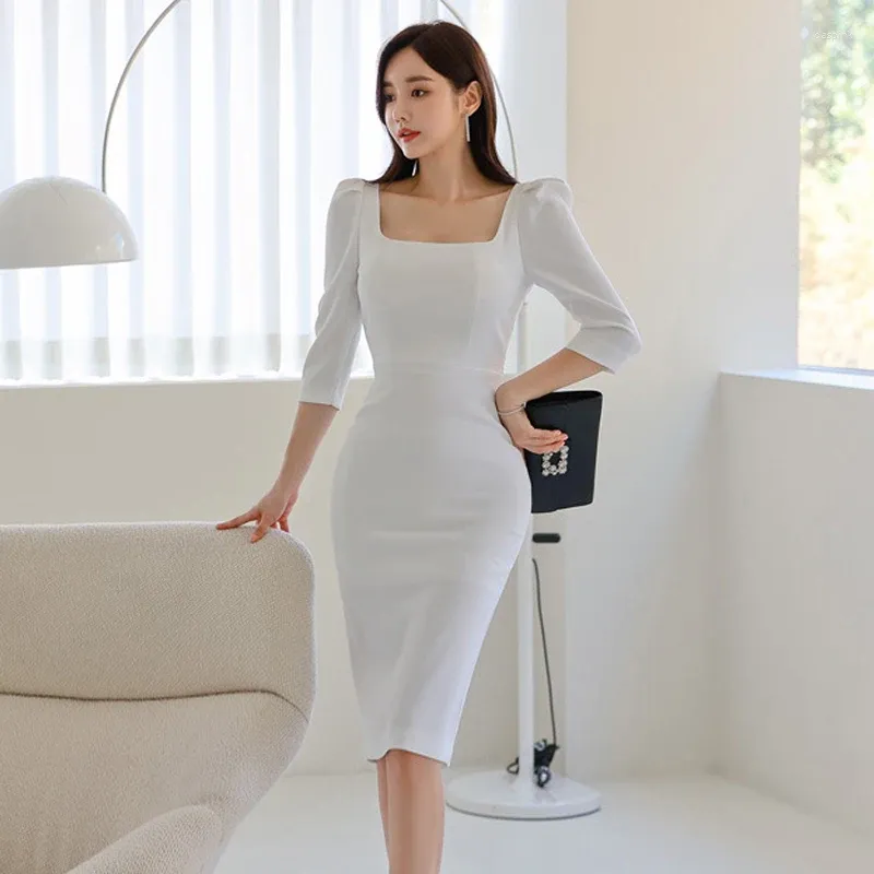 Robes décontractées femme robe blanche 2024 Bureau Lady Korea Style sexy