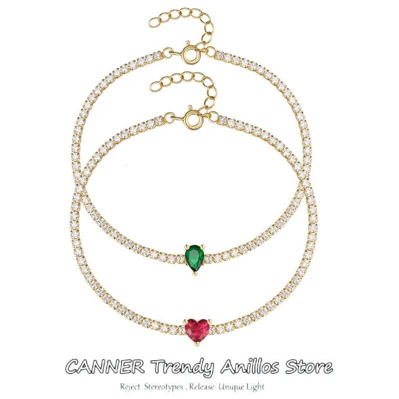 Strengen Canner 925 Sterling zilveren glanzende charme CZ Tennis Bracelet for Women Green Red Crystal Sieraden Verstelbare doos kettingarmband Geschenk