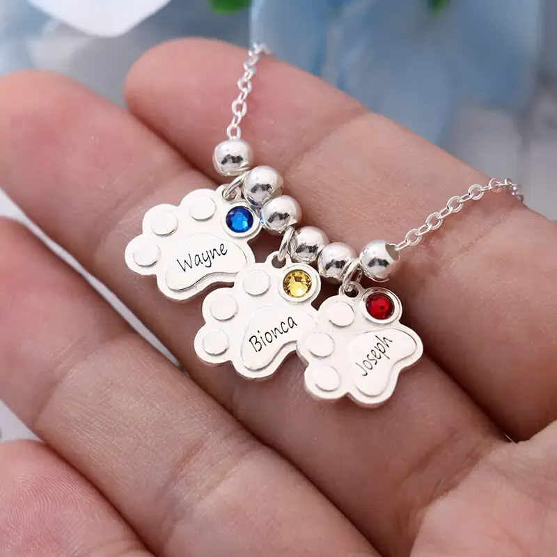 Kettingen Qitian Aangepaste multipaw print naam ketting met geboortesteen hanger mode roestvrijstalen sieraden voor vrouwencadeau