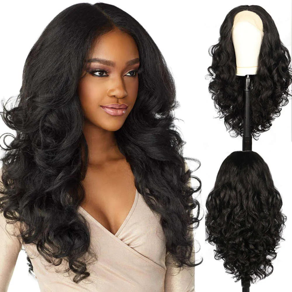 Cross Border European and American Dames Wig Front Lace Wig Yaki Black Split Fluffy Long Curly Hair Synthetische vezel Volledige hoofdset pruiken