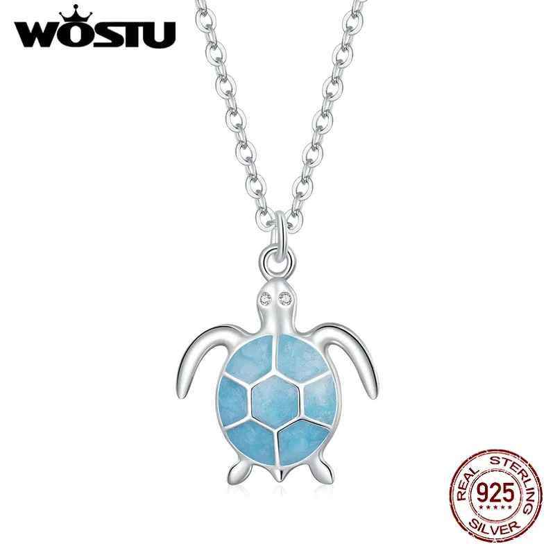 Kettingen Wostu 925 Sterling Silver Blue Sea Ocean Turtle ketting schattig dier lange ketting link ketting voor vrouwen mode sieraden cqn446