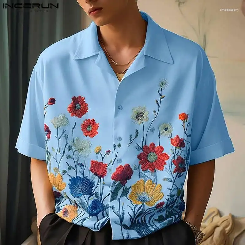 Men's Casual Shirts INCERUN Tops 2024 Korean Style Men Personalized Floral Print Pattern Design Shirt Well Fitting Short Sleeved Blouse