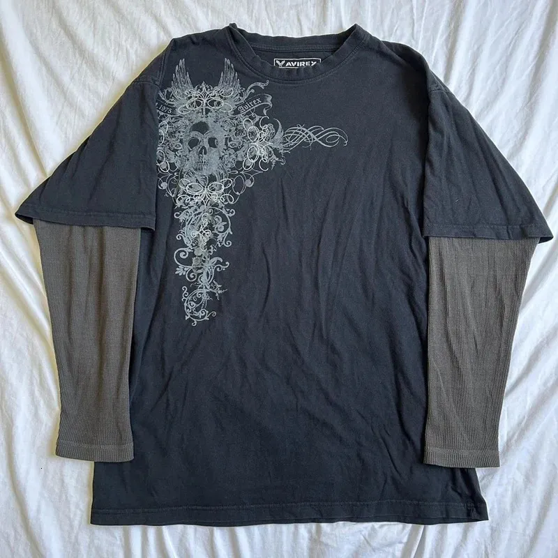 90s Vintage Cross Skull Print T-shirt Mall Goth grafische lange mouw patchwork T-shirt Harajuku retro y2k crop top dames streetwear 240418