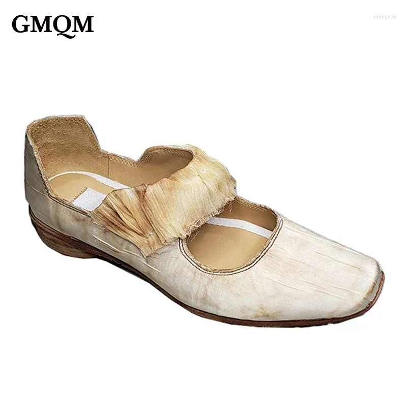 Casual Shoes Gmqm Brand Fashion Women's Flats Mary Jane Silk Vintage Shallow Single Square Toe Low Heels Elegant Ballet Style