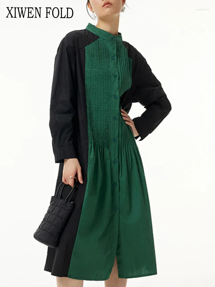 Повседневные платья xiwen Patchwork плиссированные длинные шишки в стиле средней длины стиль стойка для воротника для женщины 2024 Осенняя одежда XF272