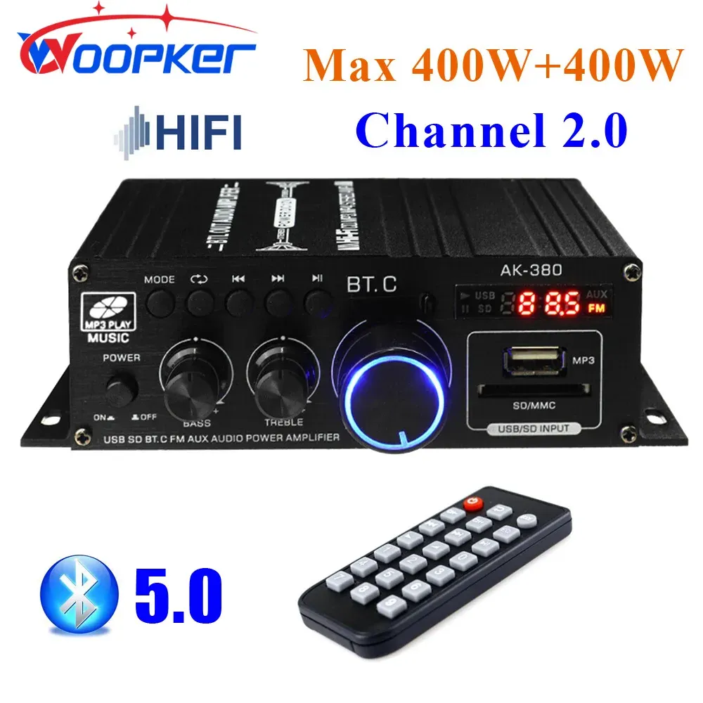 Amplifier Woopker AK380 Bluetooth 5.0 HiFi Power Amplifiers 400Wx2 Stereo Audio Digital AMP BASS Media Player Support FM Radio USB AUX