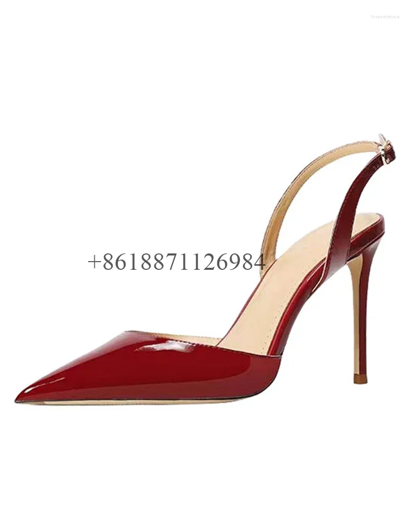 Chaussures habillées Patent en cuir breveté Sangle de cheville pointue Femmes Pumps Stiletto Talons hauts Conception de boucle grande taille