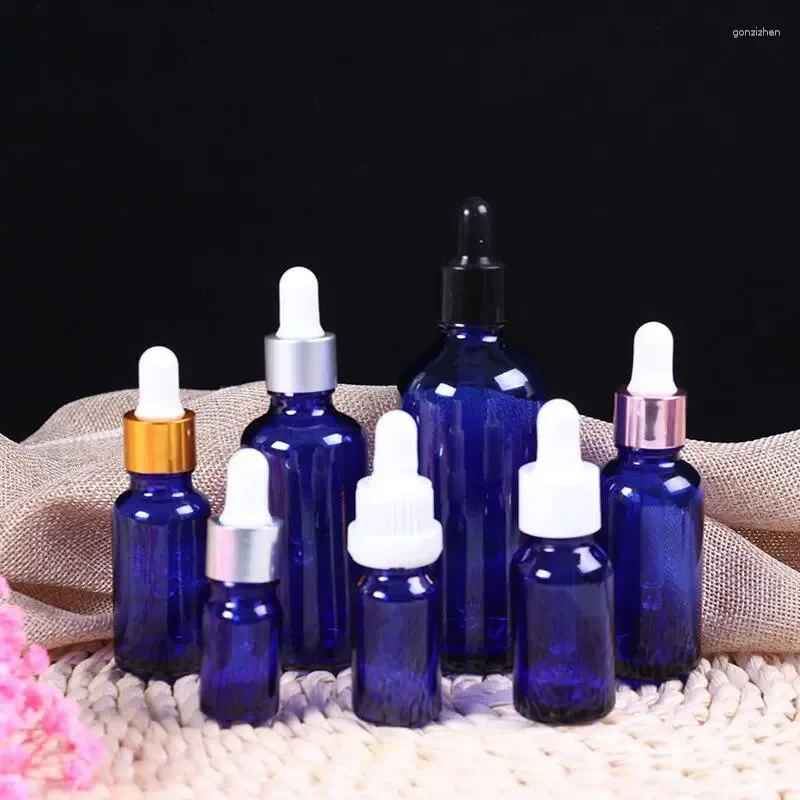 Estatuetas decorativas 10pcs azul garrafa de gotas de óleo essencial de óleo essencial de vidro de vidro de 5-100 ml para massagem pipeta garrafas