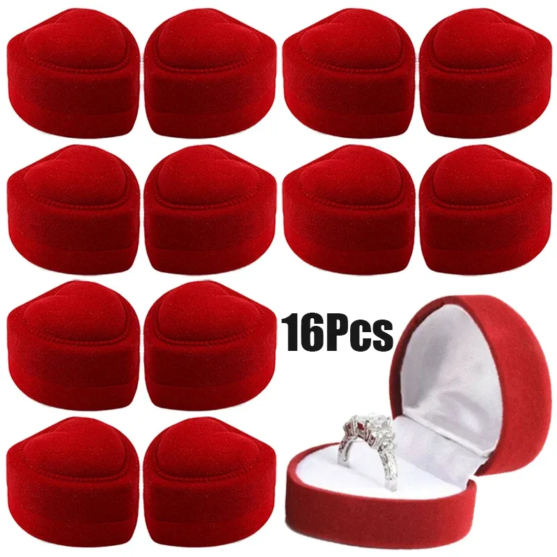 Visa 16st Red Velvet Heart Ring Box smycken Display Case Holder Presentlådor Bröllop Romantisk arrangör Förlovningsring Case Partihandel