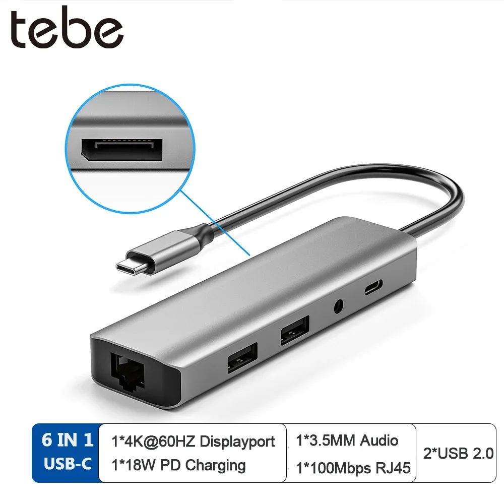 Hubs Tebe 6 IN 1 USB C hub Adapter Typec to 4K 60hz DP Displayport RJ45 Mulit USB 2.0 PD 3.5mm Audio Mic Splitter For Macbook Air M1