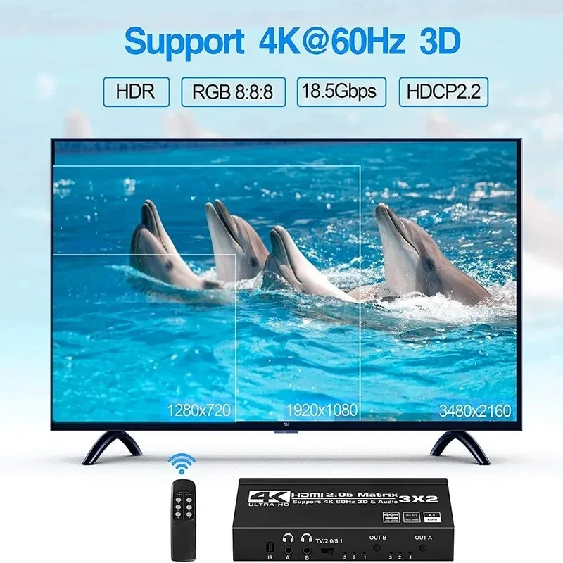Ny 2021 3x2 Matrix Switch Splitter med SPDIF och L/R 3,5 mm HDR för HDMI-kompatibel switch 4x2 Support HDCP 2.2 ARC 3D 4K för