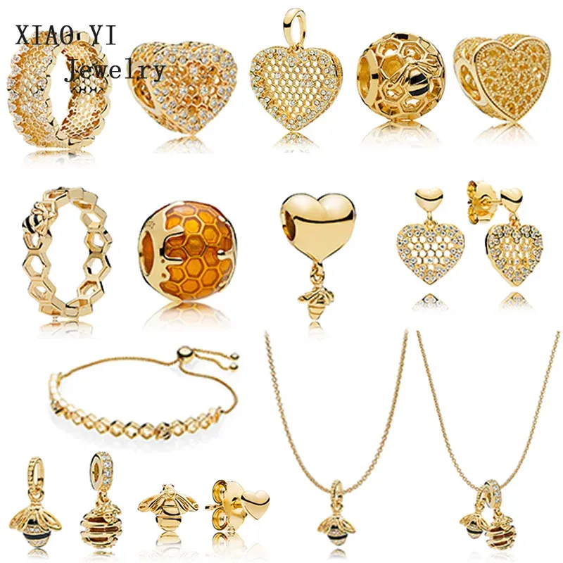 Strands XIAOYI 100% 925 Sterling 11 Shine Honeycomb Lace Queen Bee SWEET AS HONEY Ring Earrings Pendant Necklace Bracelet Beaded