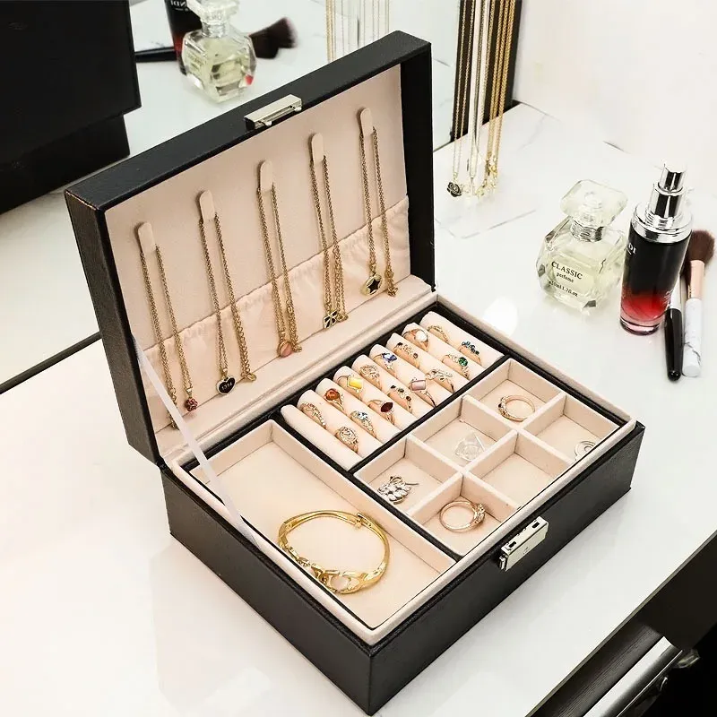 Visa ny dublelayer sammet smycken låda europeiska smycken lagringslåda stora rymd smycken hållare presentförpackning joyeros organisador de joya