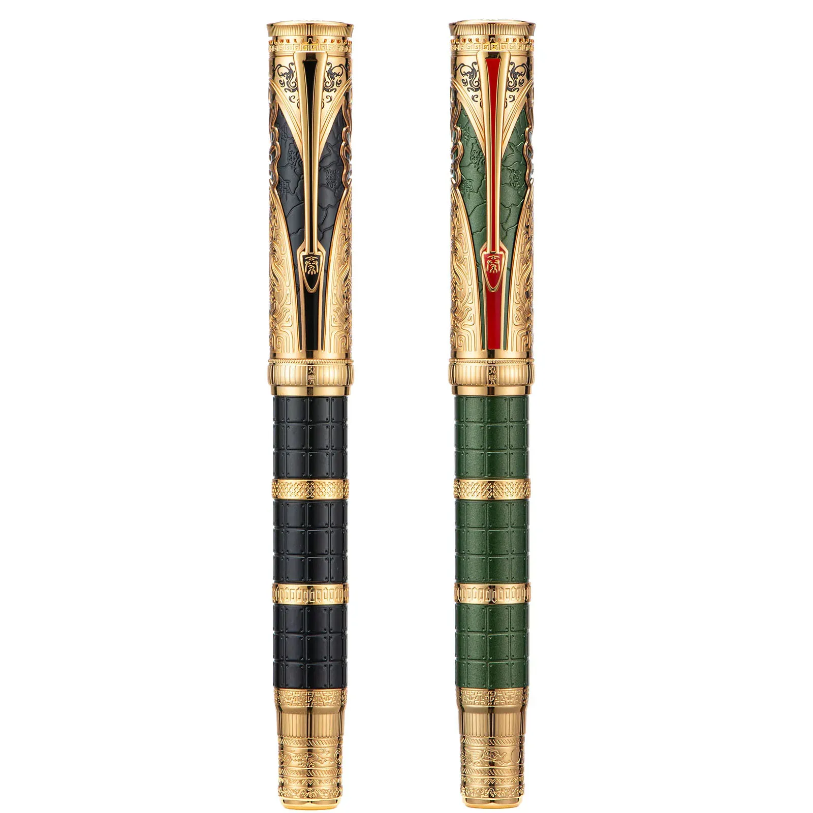 Pens In Stock ! Hongdian 14K Piston Fountain Pen with Wooden Box, Retro Qin Dynasty Series Engraved Collectible Gift Pen