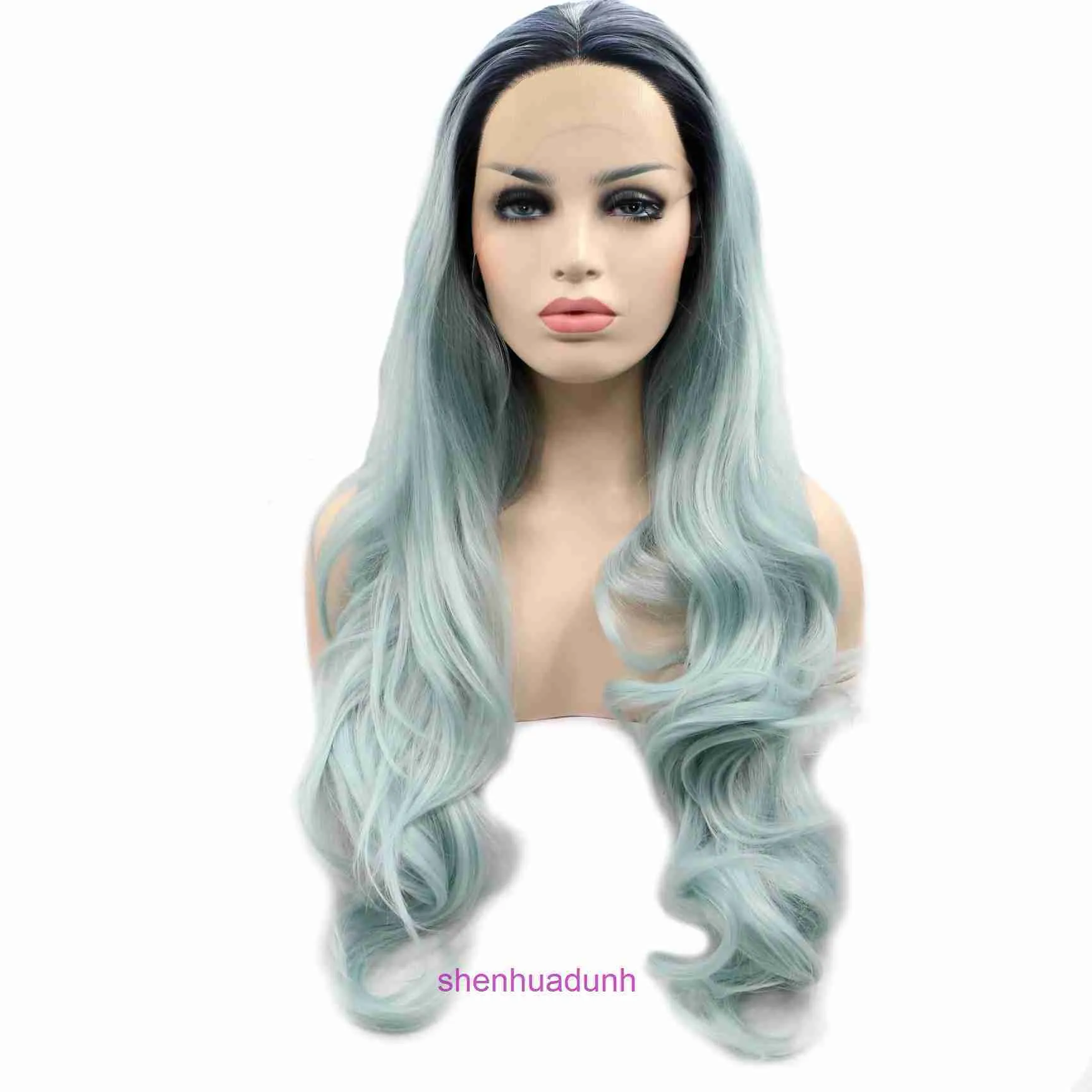 HD Body Wave Highlight Spets Front Human Hair Wigs For Women Hot Selling Long Curly Wig Wig With Green Gradient Front Spets Syntetic Fiber Pannband