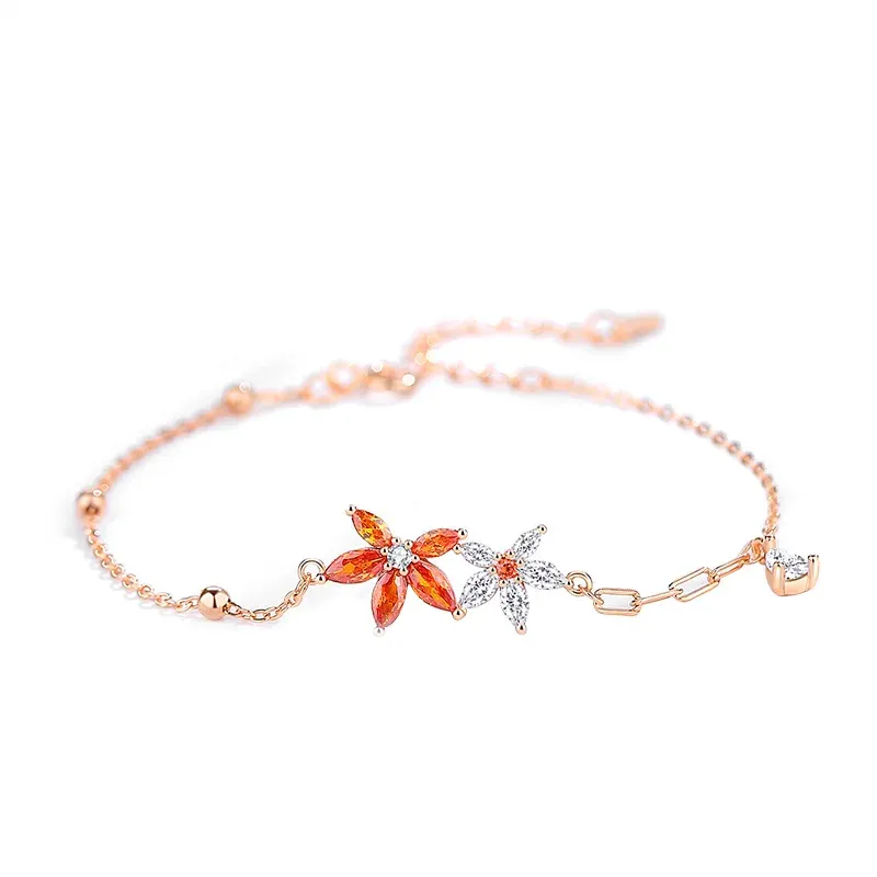 Strands Bracciale a foglia d'acero autunnale e collana oro rosa placcata 925 sterling in argento rosso bianco zirconia cubica CZ Set di gioielli per donne