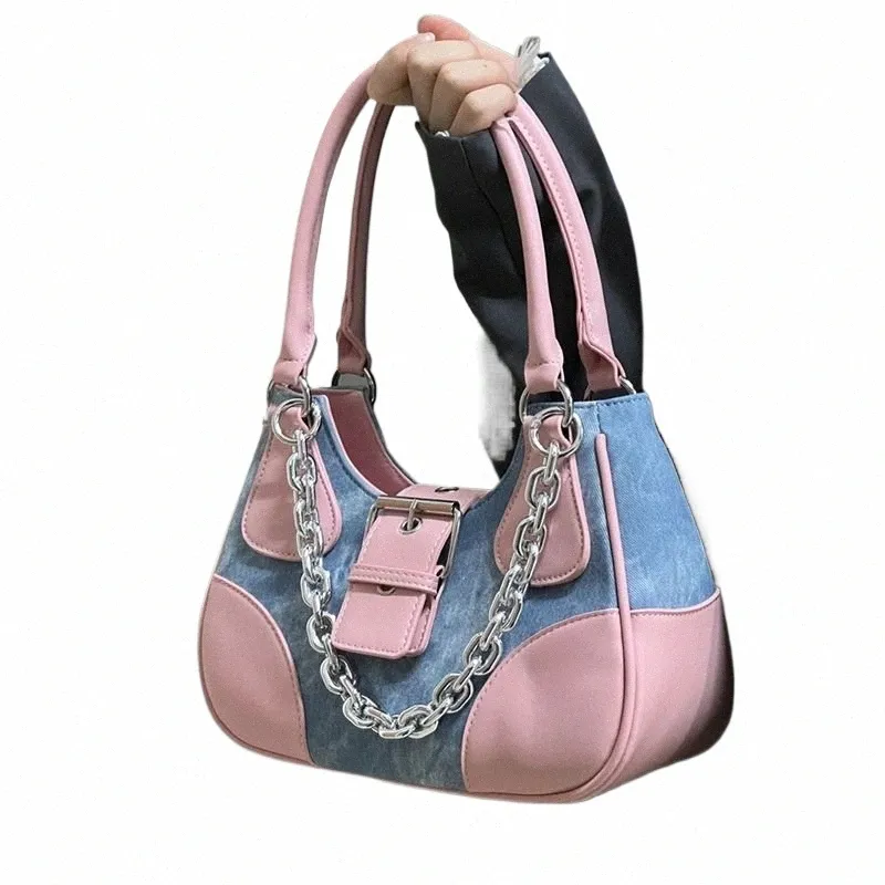y2k Pink Shoulder Bag for Women Luxury Designer Gothic Crossbody Handbag Chain Motor Style Cool Girl Denim Large Capacity New l1rw#