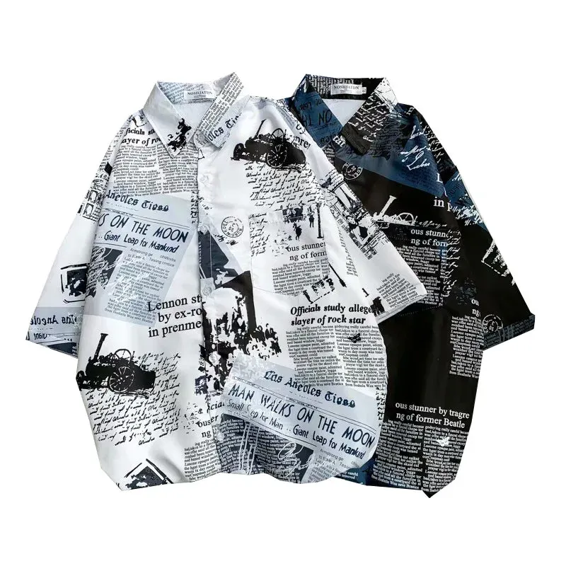 Shirts Newspaper Stampato Camicia da spiaggia hawaiana per uomini 2020 Summer Short Short Maniche 3xl Aloha Shirts Mens Vacanze Abbigliamento Chemise