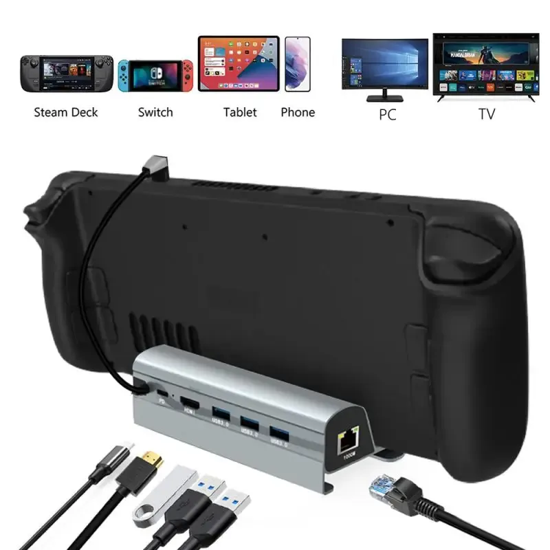 Hubs Ryra 6 in 1 Steam Deck Docking Station TV Base Holder Dock für Switch Game Console Typ C zu USB 3.0 4K HDMI 1000m RJ45 Hub