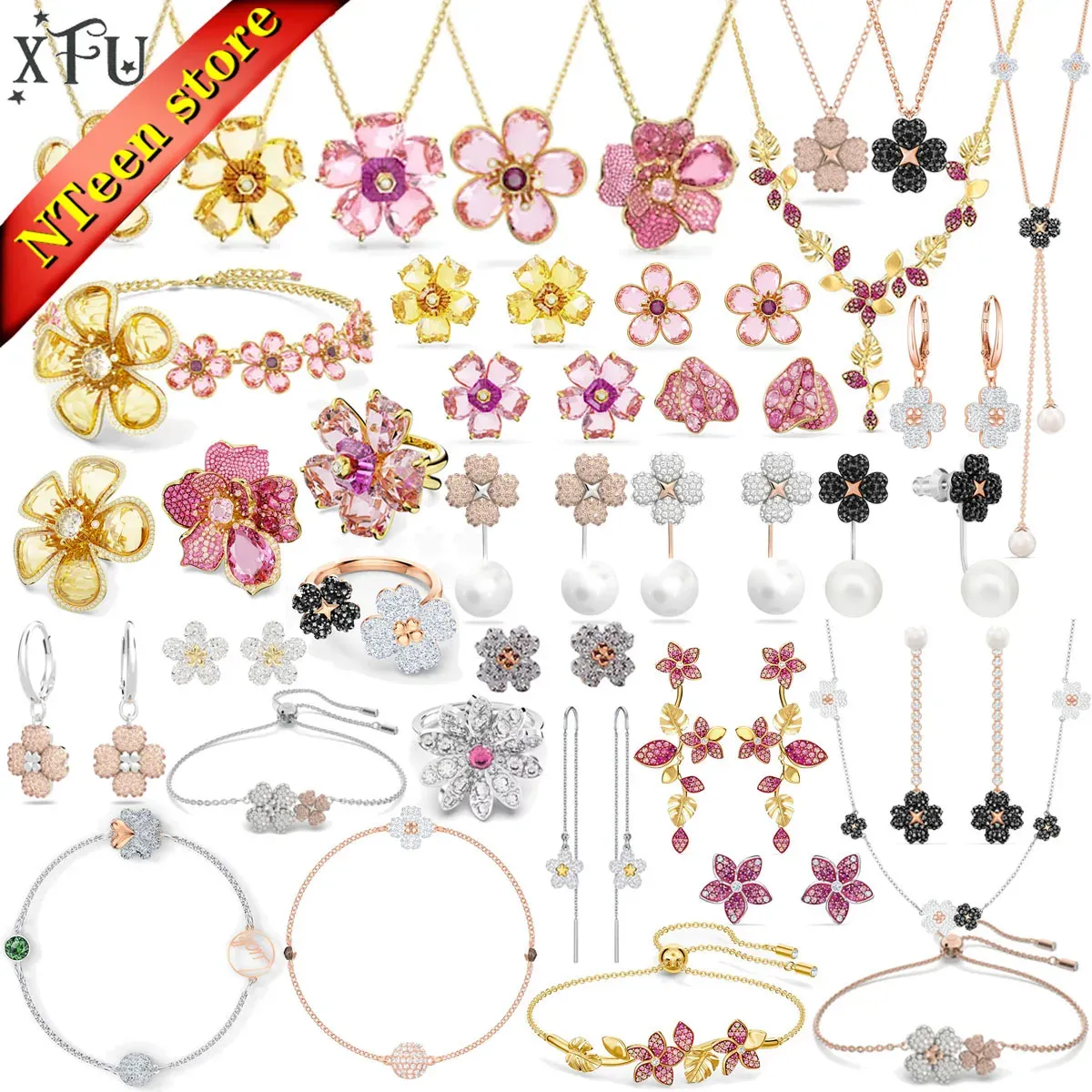 Strands XFU Original 2024 Joya de joyería de trébol de mujeres Premium Anillo Fashion Crystal Flower's Pendientes para mujeres Pulseras de suerte Regalos