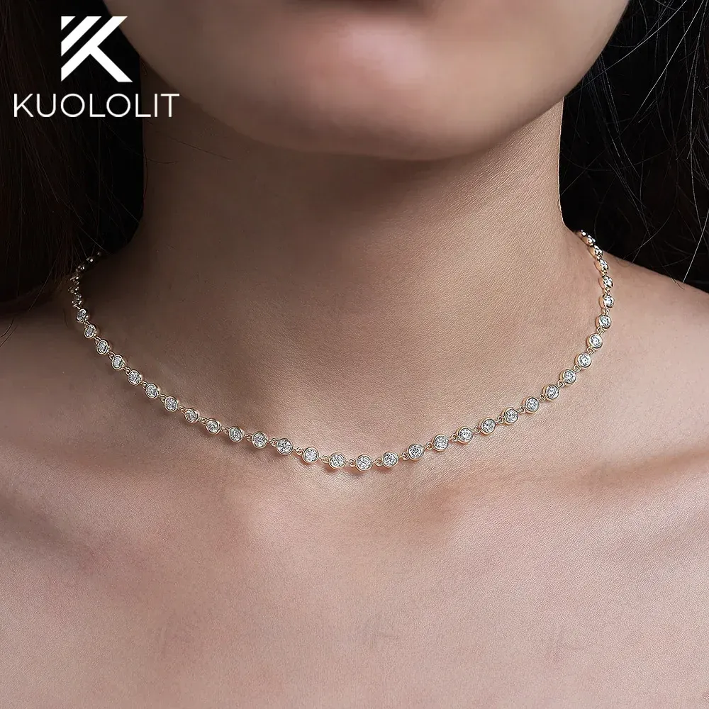 Colliers Kuololit Collier Moisanite en or solide pour femmes 14k 10k 9k Gold 925 Collier de chaîne en argent pour les cadeaux de Noël de fiançailles