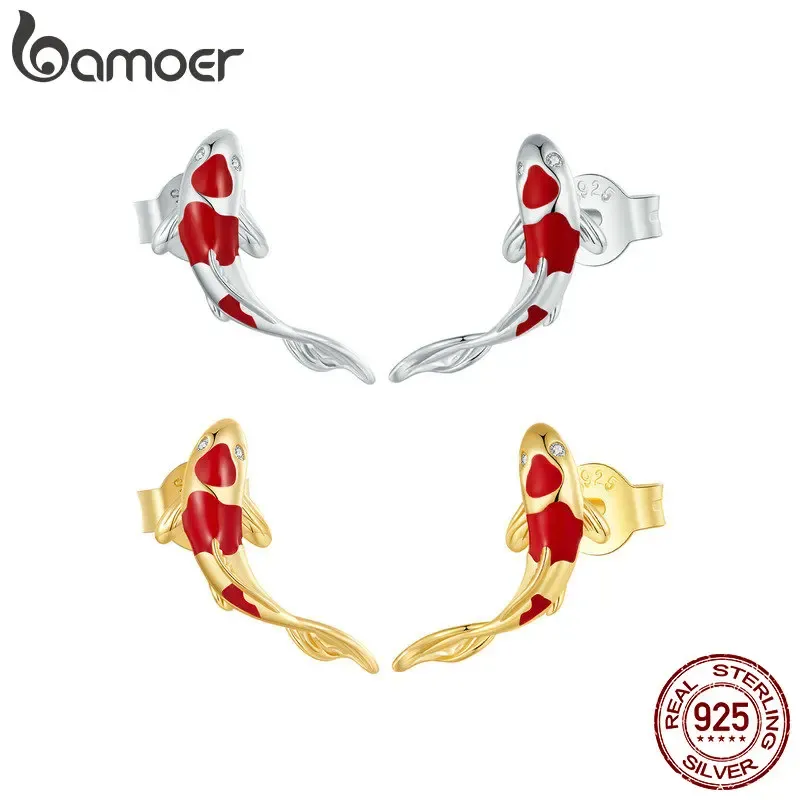 Örhängen Bamoer 925 Sterling Silver Fish Red Emalj Studörhängen för kvinnor Spring Koi Ear Studs Festival Fine Jewelry SCE812