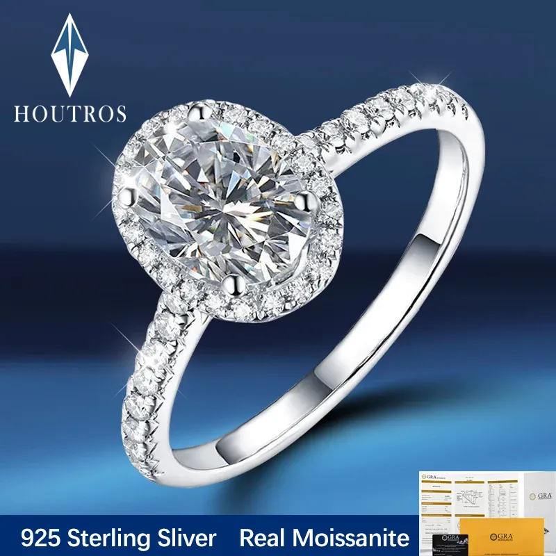 Кольца Houtros 2 карат овальные кольца Moissanite для женщин 925 Серебряный серебряный серебряный свадебный кольцо