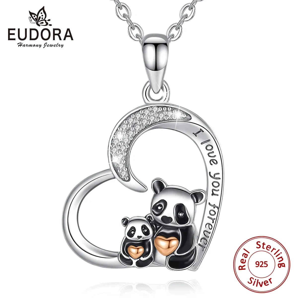 Kettingen eudora nieuwe 925 sterling zilver grappige panda hanger hart ketting sterling zilveren sieraden voor vrouwen prachtige feestcadeau d614
