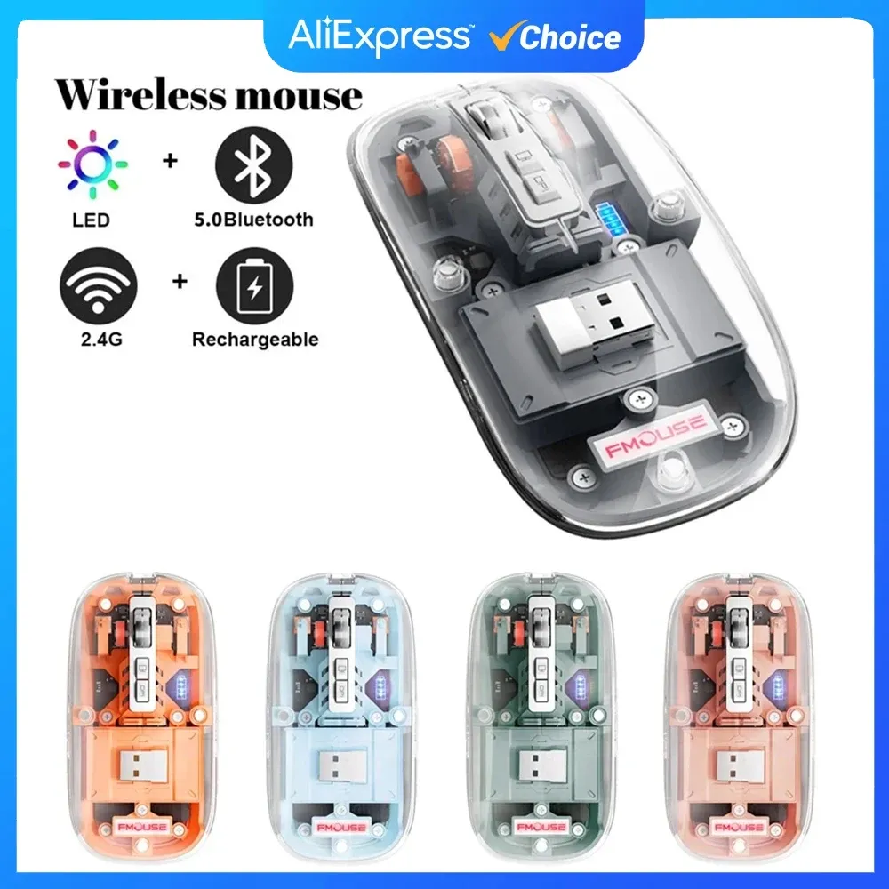 Прозрачные мыши мыши Bluetooth -Compatible Беспроводная мышь с RGB световой механической мыши зарядки для настольных игр