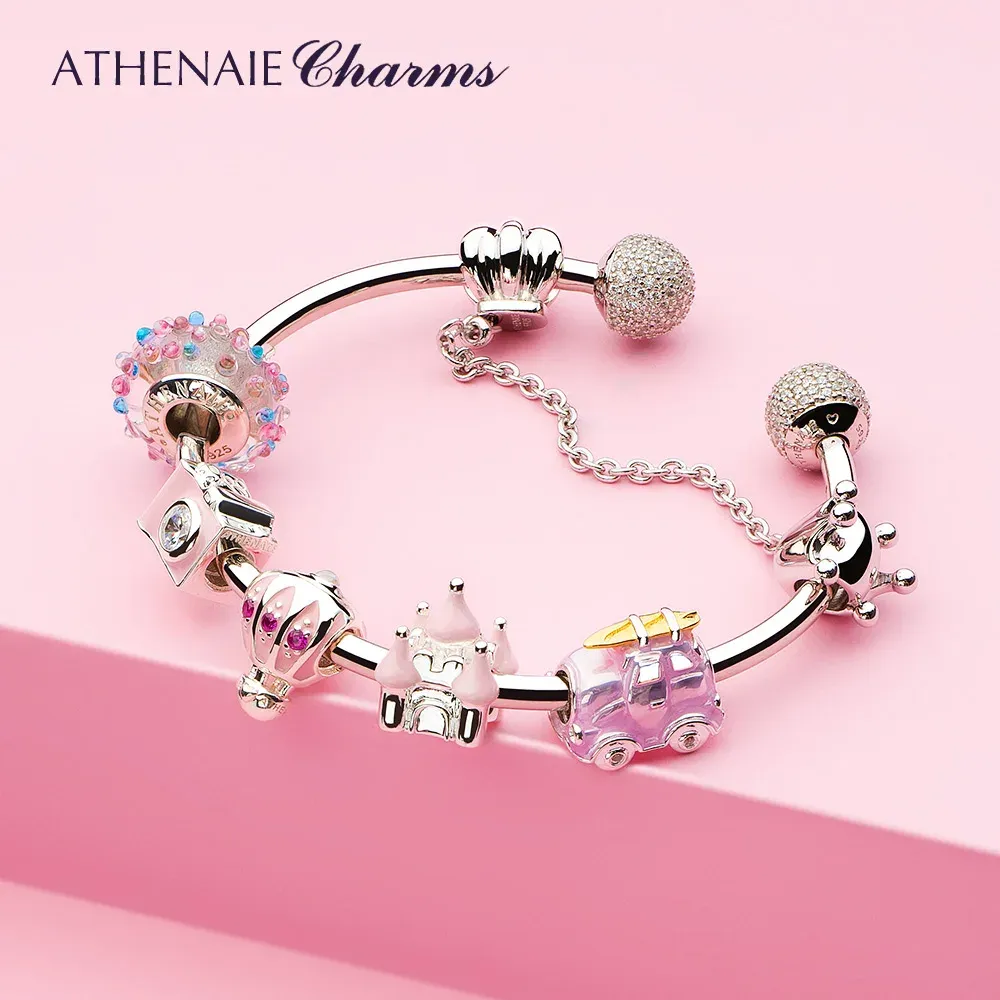 Strängar Athenaie 925 Sterling Silver Pink Emamel Vintage Fairy Tale Castle Charms Armband för kvinnor Födelsedag Valentine Day -gåva