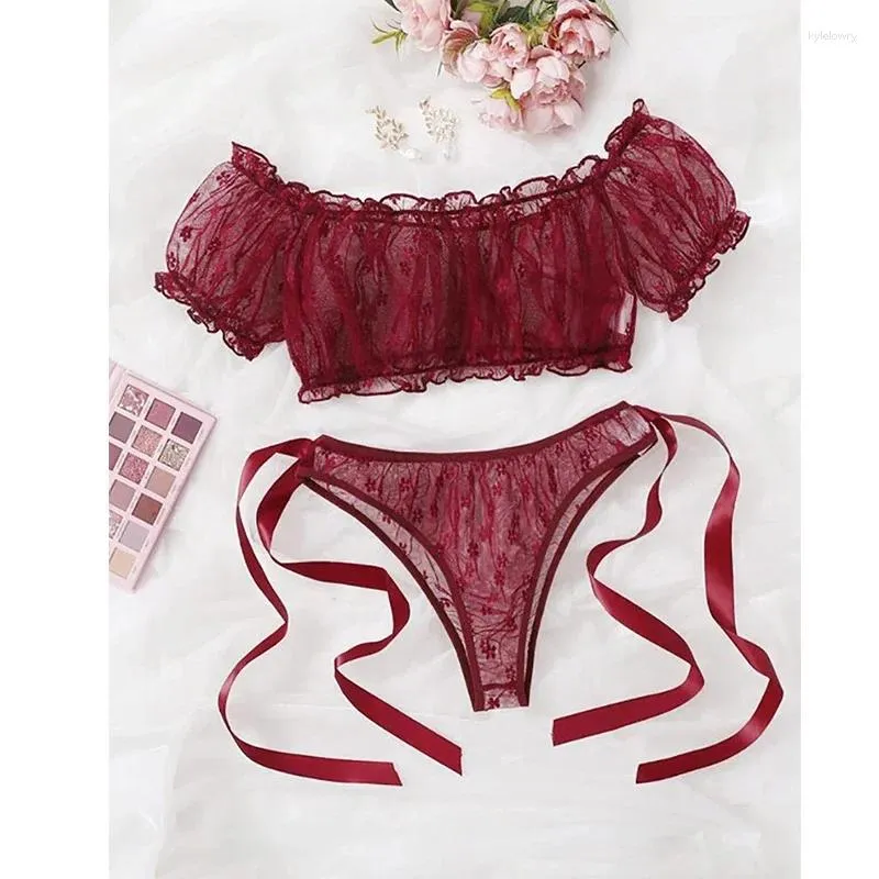 Zestawy biustonosze seksowne bieliznę Kobieta stanik stanik See przez egzotyczną bieliznę Babydoll Lingerie Floral Off ramię Balette Ruffle zmysłowy