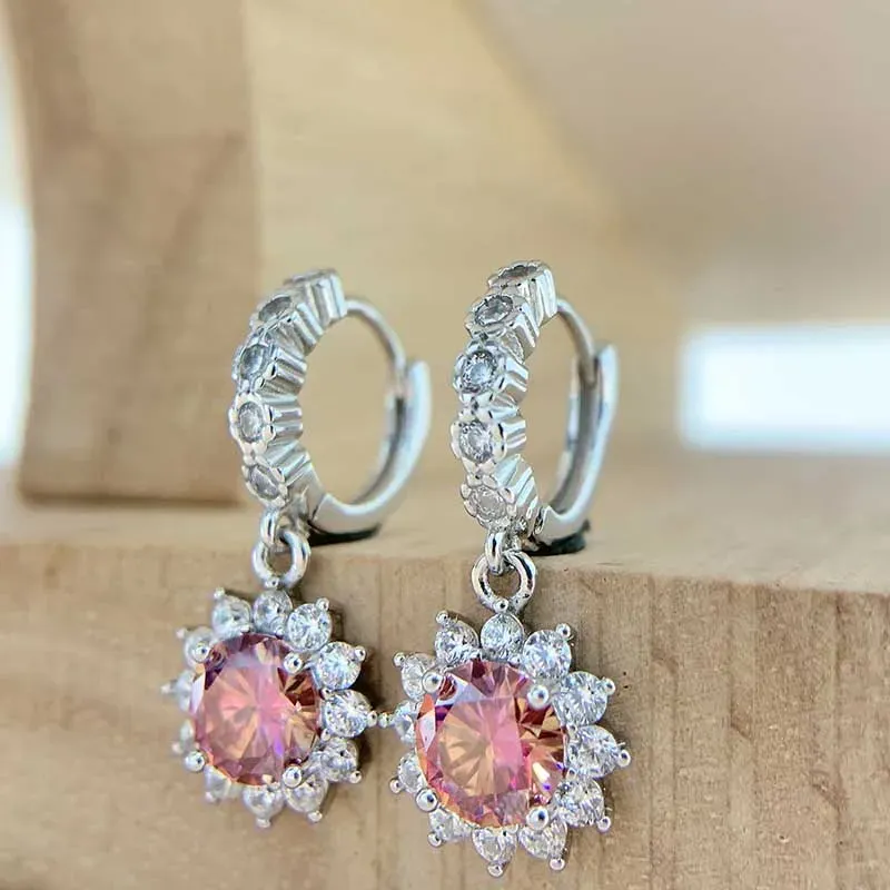 Örhängen trendig 1ct röd rosa färg VVS Moissanite Sunflower Clip Earrigns for Women 925 Sterling Silver Lab Diamond Earrings Pass Tester