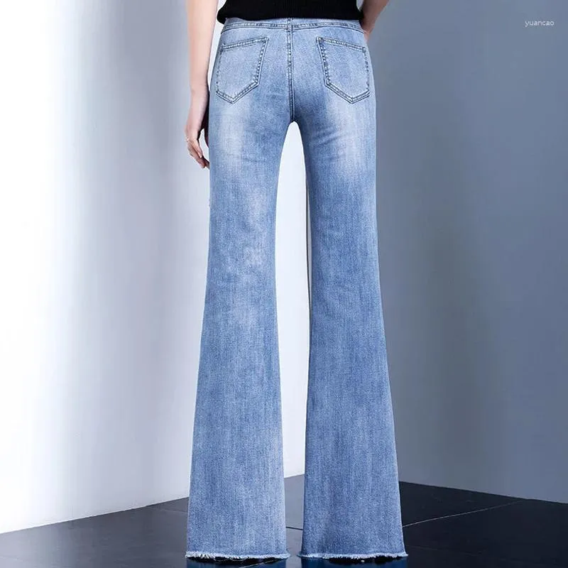 Jeans femininos corea moda alta cintura flare light azul jeans calça longa