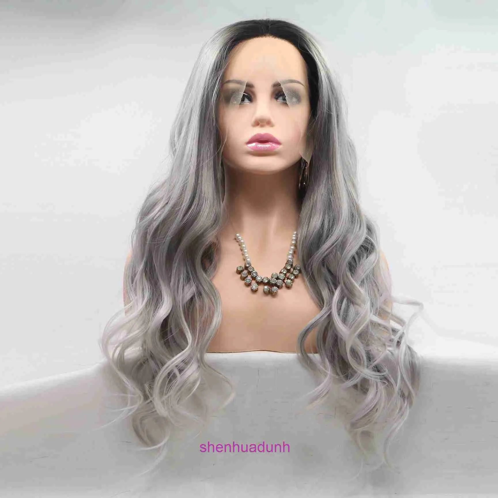 Designer human wigs hair for women Hot front lace synthetic fiber high-temperature silk wig headband with gray and white mixed color curly large waves