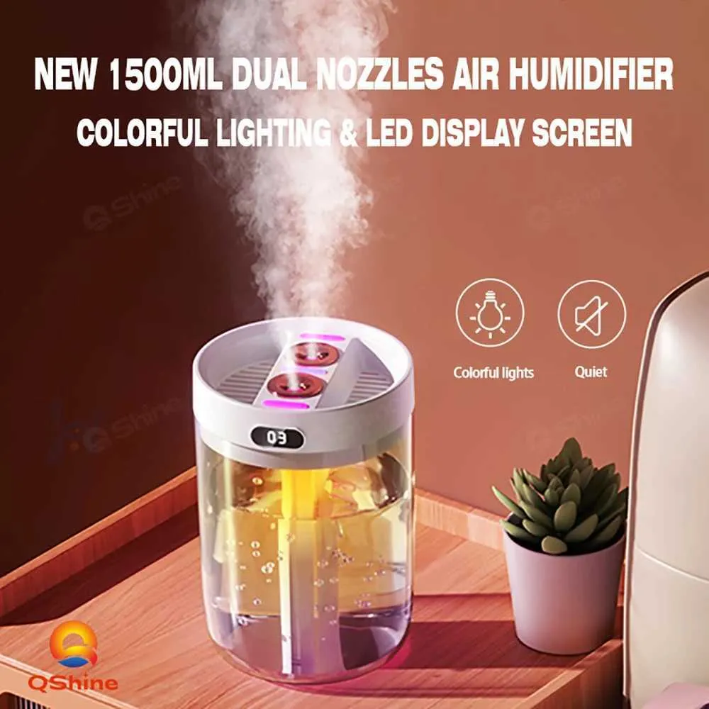 Humidifiers Dual nozzle 1500ML LED essential oil diffuser aromatherapy nebulizer air humidifier diffuser Y240422