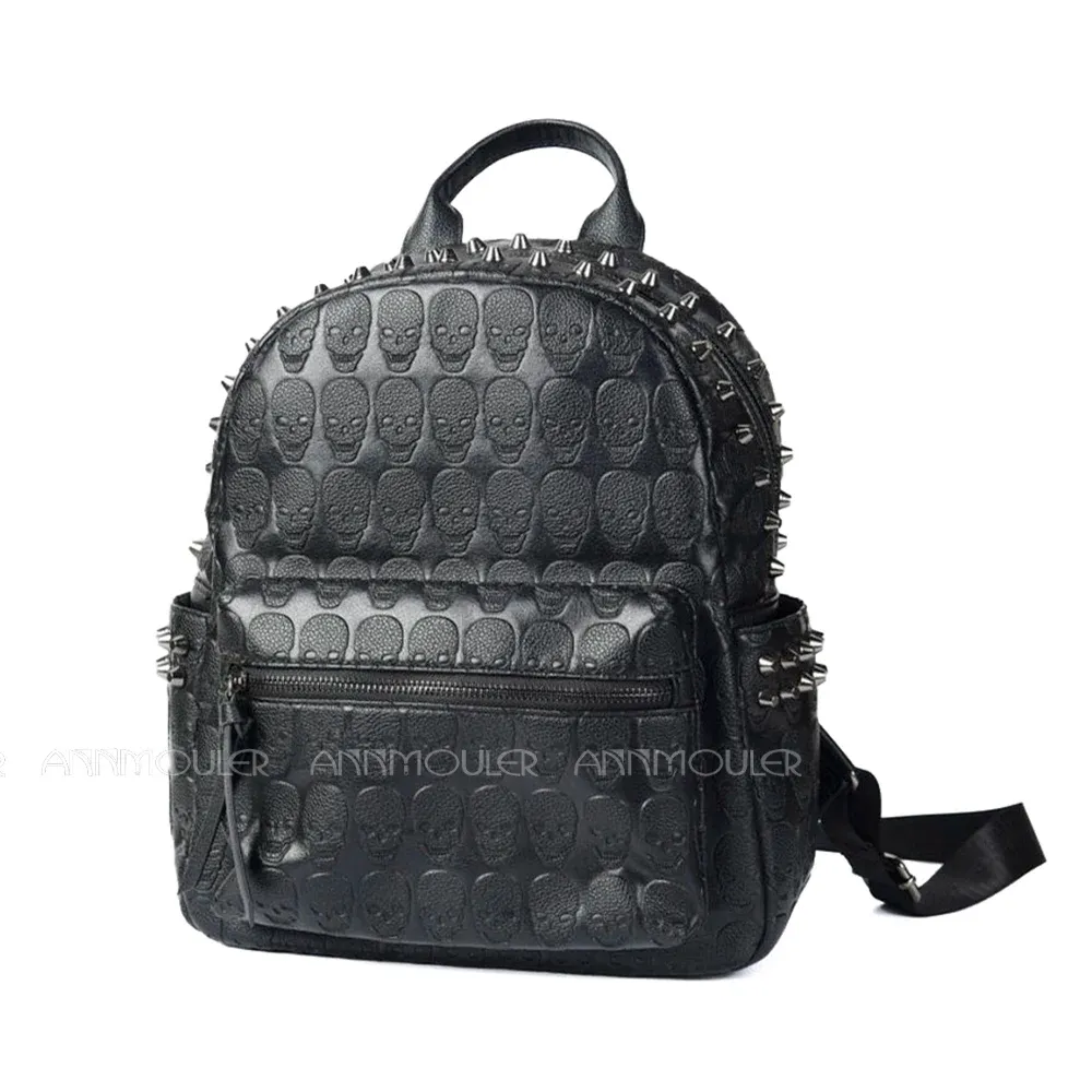 Mochilas Annmouler Brand Designer Unissex Backpack Black Skeleton Daypack Punk Rivet School Bag de qualidade de mochila