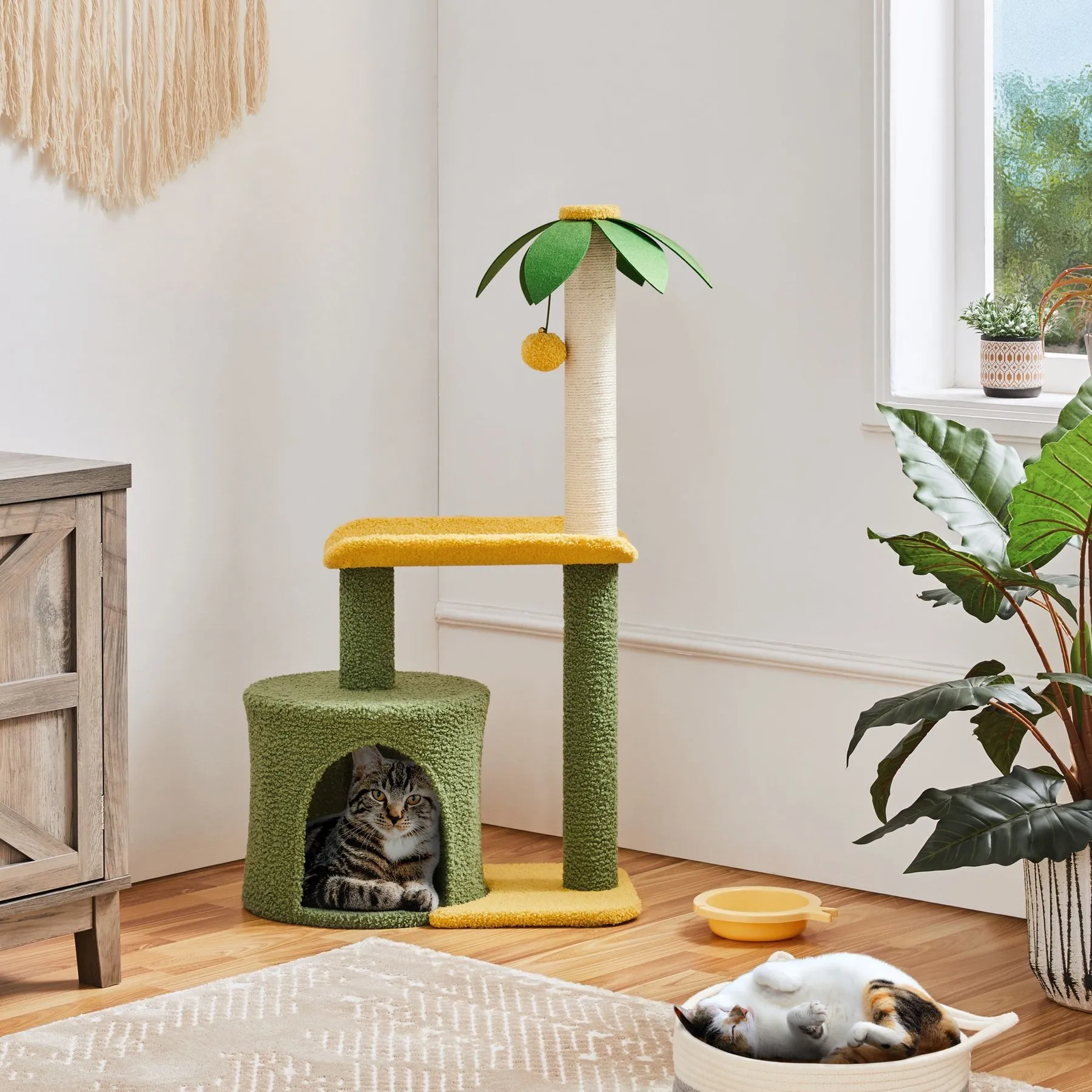 Yaheetech 37 In Coconut Palm Cat Tree, Small, Green Yellow From