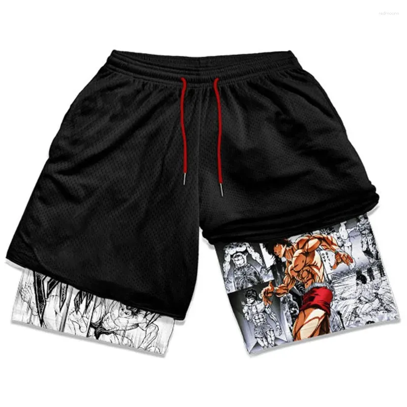 Short masculin anime gymn mène manga imprime 2 en 1 performance fitness rapide compression sèche sport pantalon court d'été respirant