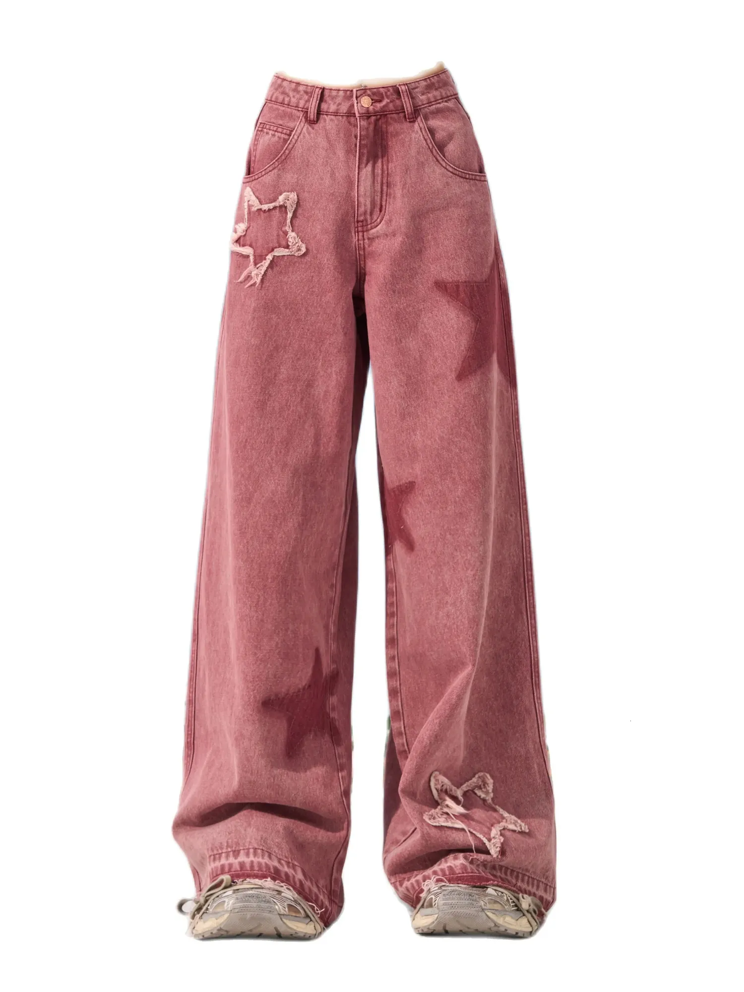 Roze ster rechte been jeans dames zomerontwerp gevoel y2k losse en slanke brede been casual broek 240409